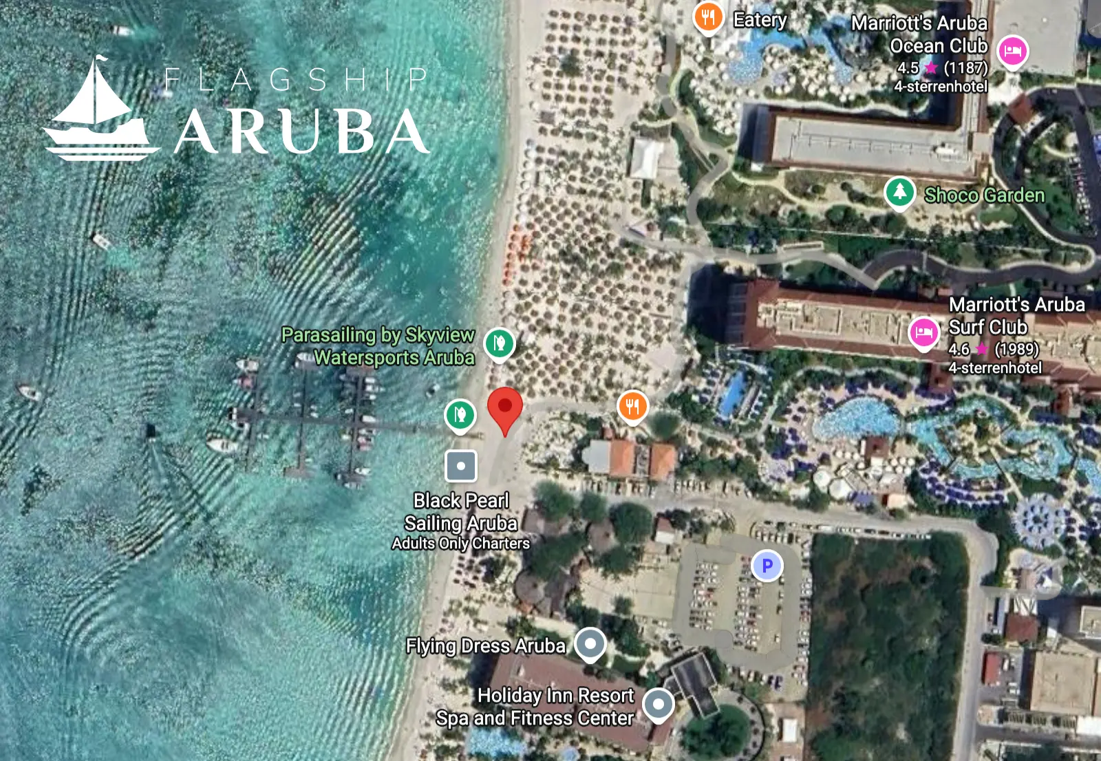 Satellite map of the MooMba Pier departure area on Palm Beach, Aruba