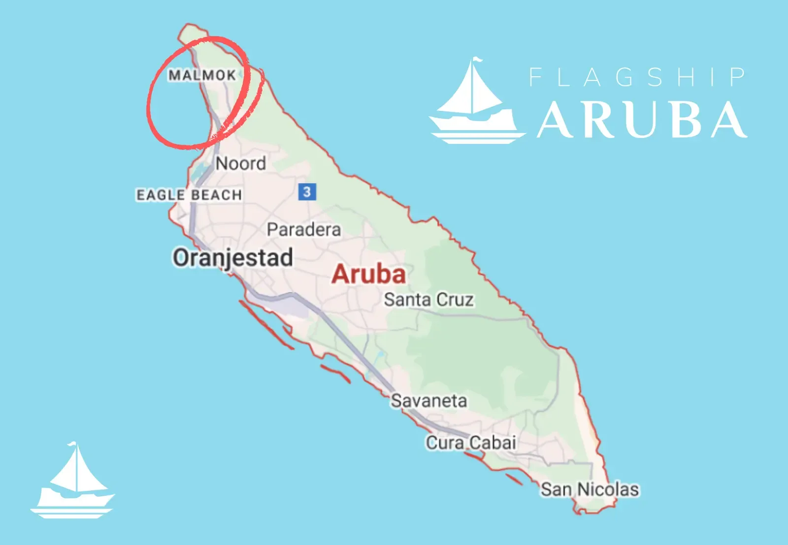 Map of Aruba highlighting the Malmok snorkel area near Noord
