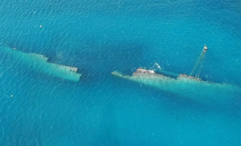 Aerial view of the SS Antilla shipwreck off the coast of Aruba